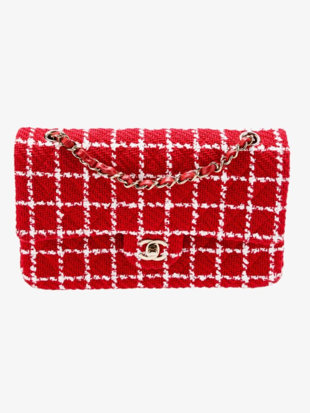 Chanel Medium Classic Double Flap Red Tweed Plaid Bag Gold HW + Receipt
